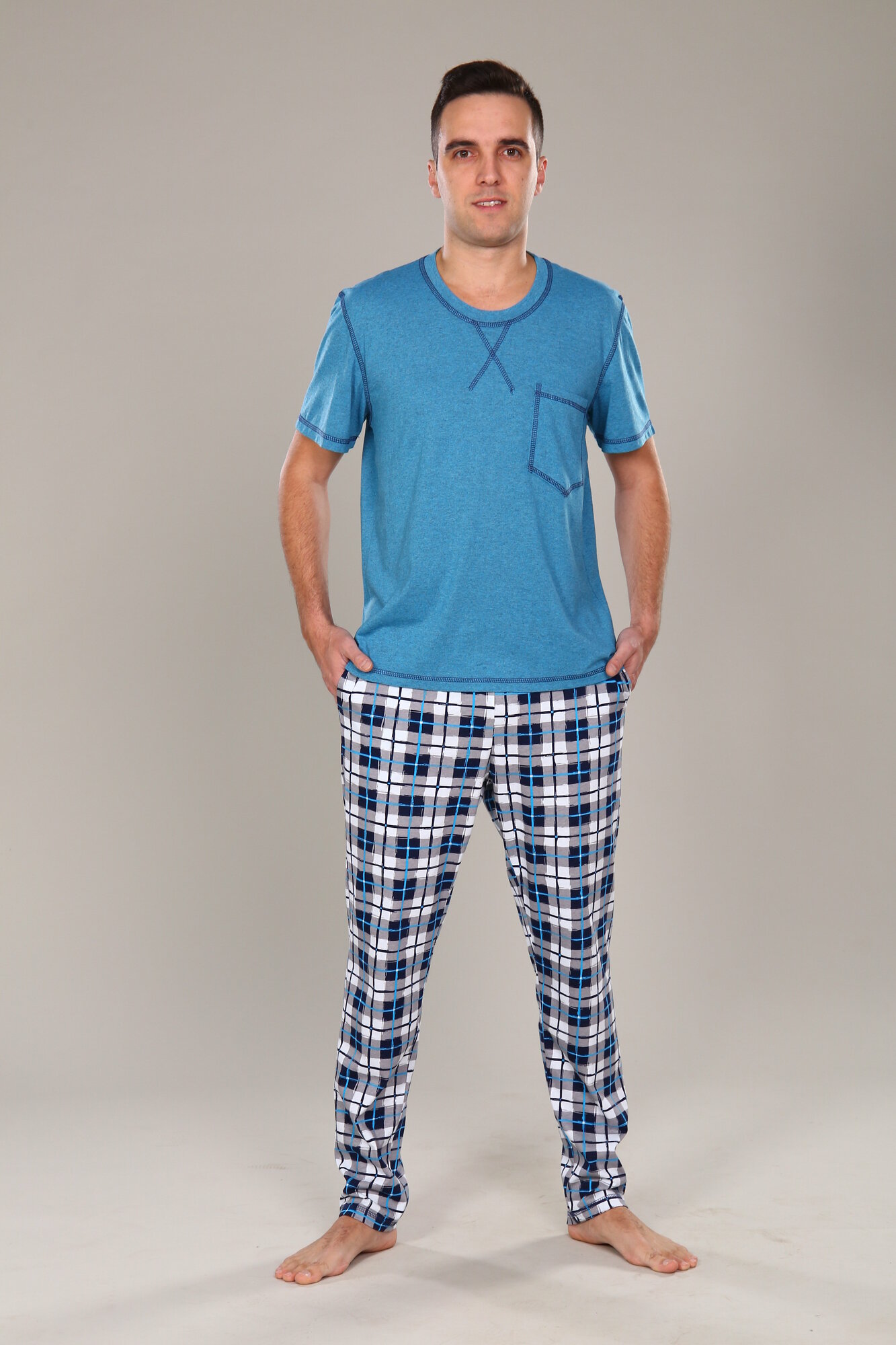 Мужская пижама с брюками большой размер хлопок Джон бирюзовый IvCapriz 56 - фотография № 1