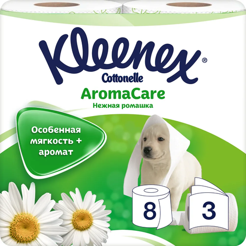 Туалетная бумага Kleenex Cottonelle Aroma Care. Нежная ромашка, белая, 3 слоя, 8 рулонов туалетная бумага kleenex aroma care сочная клубника 3 слоя 8 рулонов