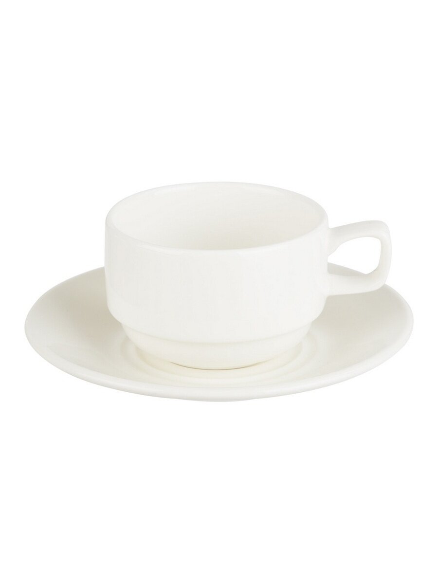 Чайная пара Wilmax England Wilmax, белая, фарфор, чашка 220 мл, блюдце D 14 см