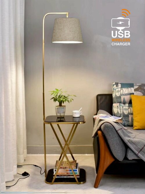 Торшер напольный светильник со столиком и беспроводной зарядкой для гостиной VertexHome VER-8145
