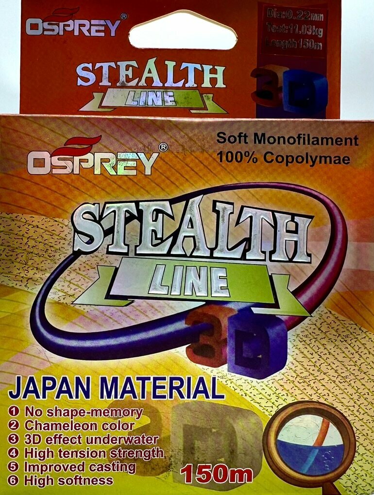 Леска для рыбалки монофильная хамелеон 3D Osprey Stealth Line 0.22 мм, 150 м, монолеска нейлоновая