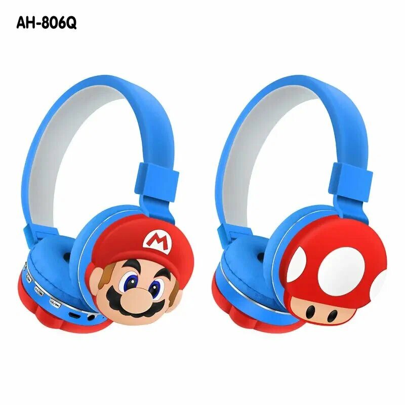 Беспроводные наушники Super Mario с микрофоном и FM / портативные Bluetooth наушники Супер Марио синие