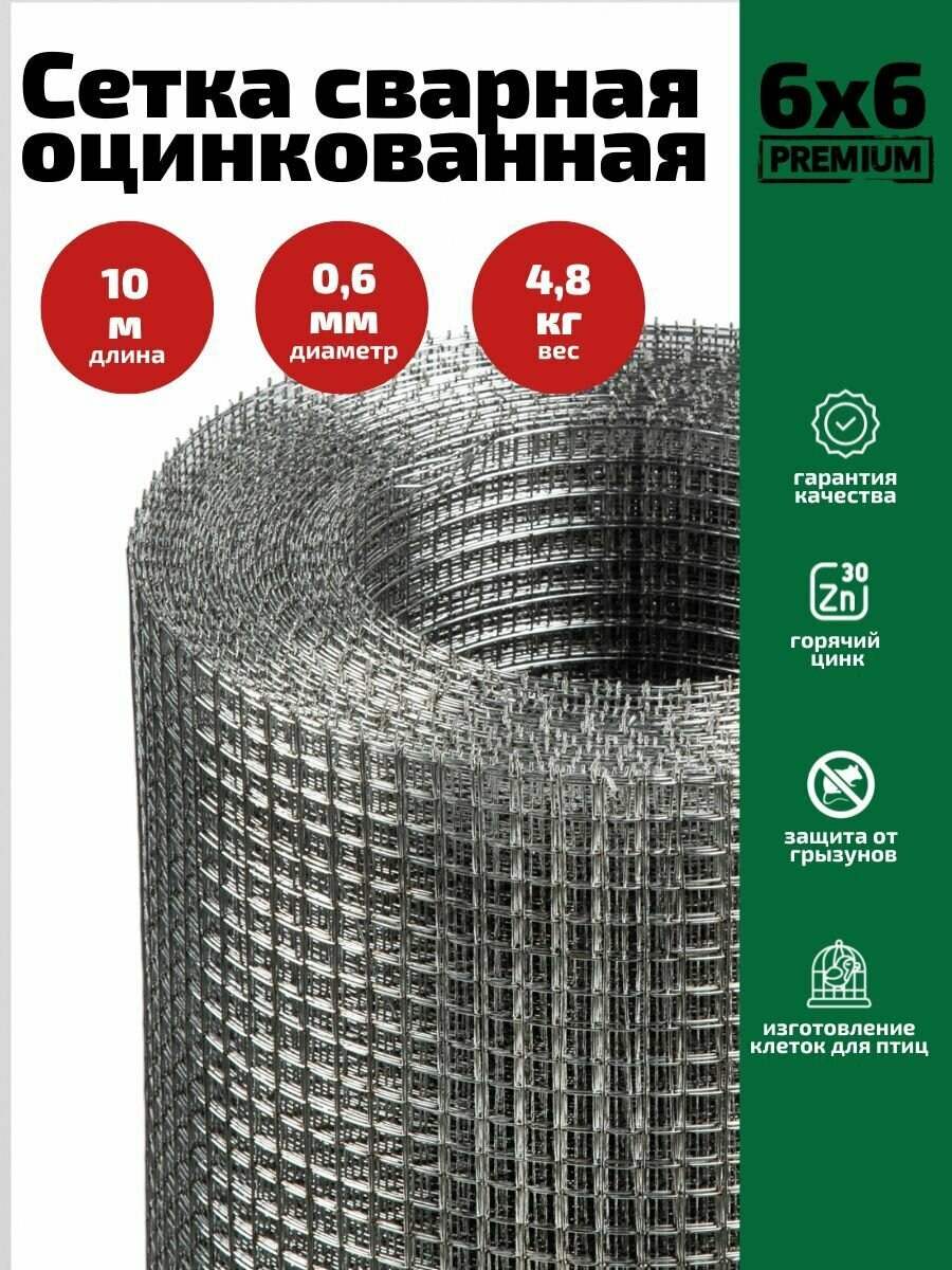 Сетка стальная 6х6x0,6 мм, сварная, оцинкованная, 10 м2