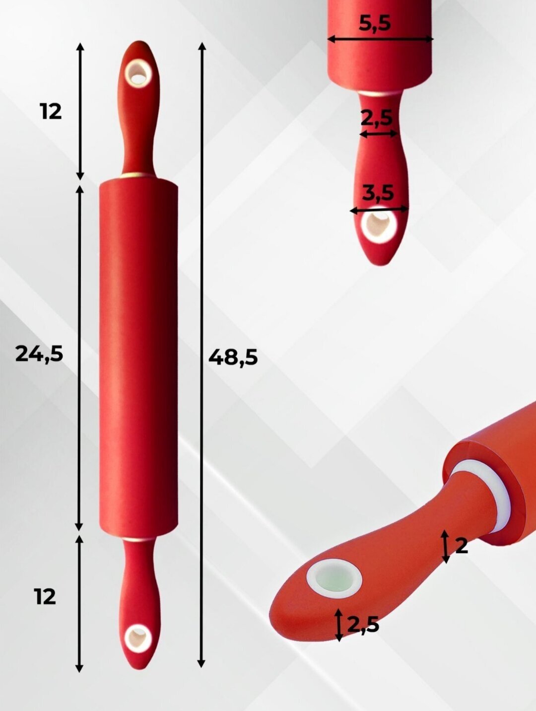 Скалка силиконовая с вращающимися ручками, 24.5 см, красный - фотография № 2