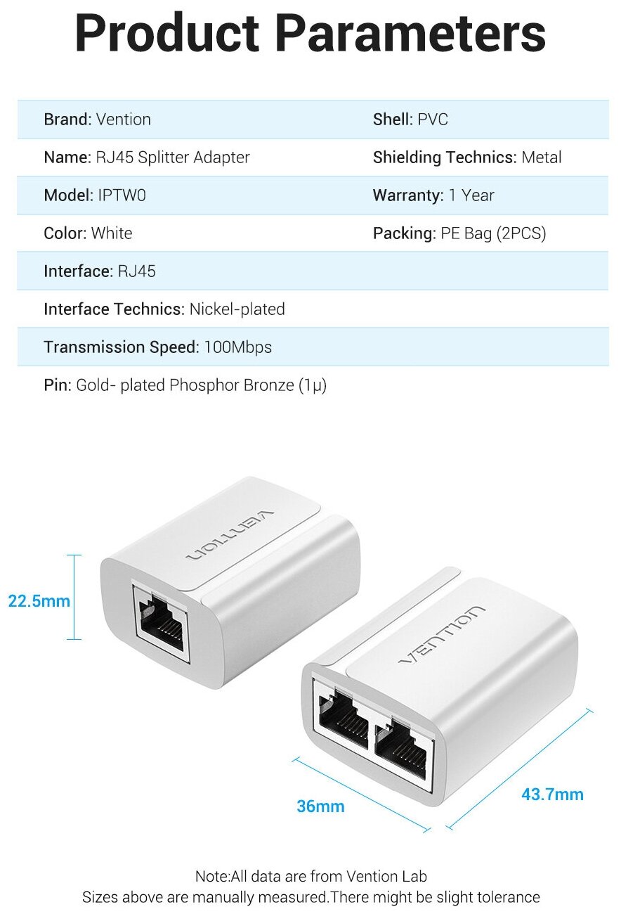 Vention Сплиттер RJ45 F (мама) / RJ45 F (мама) х 2 8p8c для интернет-кабеля на 2 порта разветвитель Ethernet для патч-кордов 2  арт IPTW0