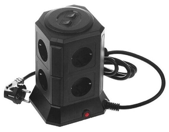 Сетевой фильтр Qumo Power Tower Pro 8SP4U (P-0002) (8 розеток, 3*1,0мм, 4xUSB, 2м) черный — фото 1
