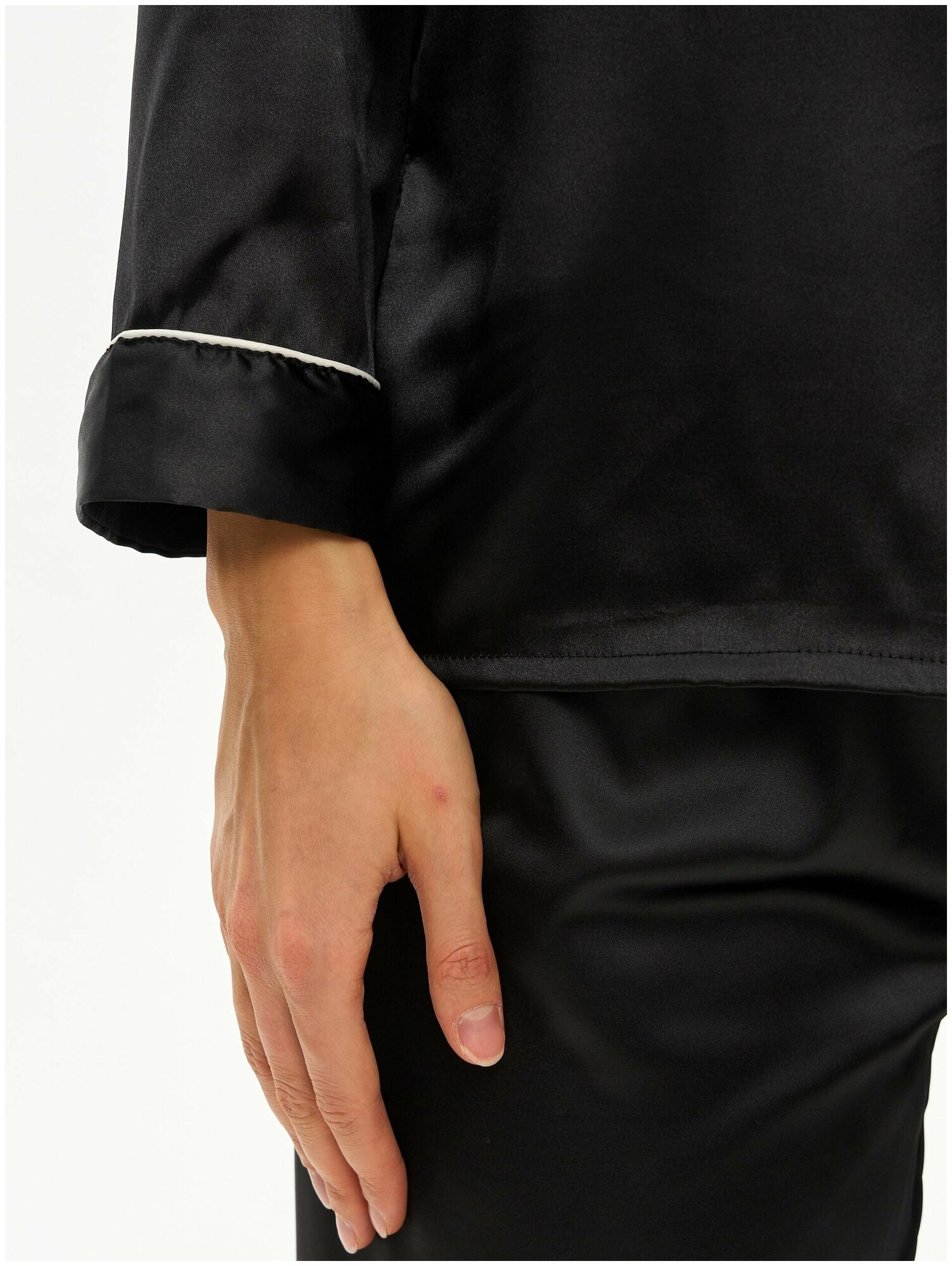Пижама женская с брюками и рубашкой для сна, шелковая , атласная , домашняя одежда черная 50/XXXL размер - фотография № 14
