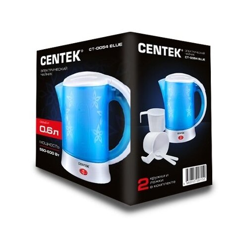 Чайник электрический 06Л 600ВТ диск 2 кружки 2 ложки пластик В ассорт CENTEK 288000₽