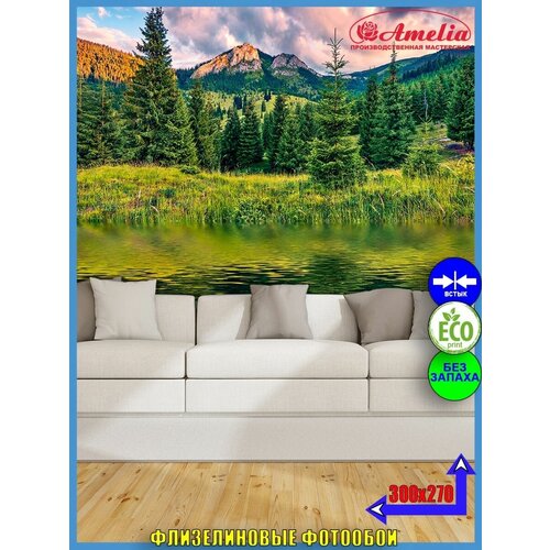 Фотообои лес, горы, деревья, вода. 270х300см