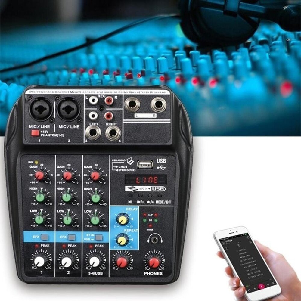 Микшерный пульт профессиональный 4 канала Bluetooth звуковой аудиомикшер