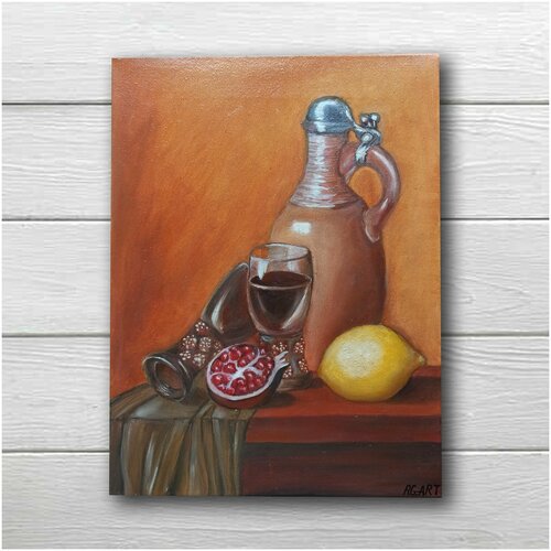 Картина натюрморт на кухню бокалы вина кувшин вино лимон гранат масло холст 40х30 см многослойная живопись