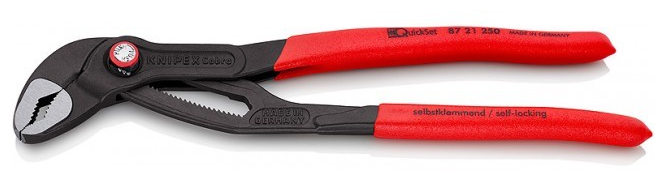 Клещи переставные сантехнические с фиксатором KNIPEX KN-8721250, быстрая установка, 50 мм (2"), под ключ 46 мм, L-250 мм, Cr-V, серые, обливные рукоятки, KN-8721250