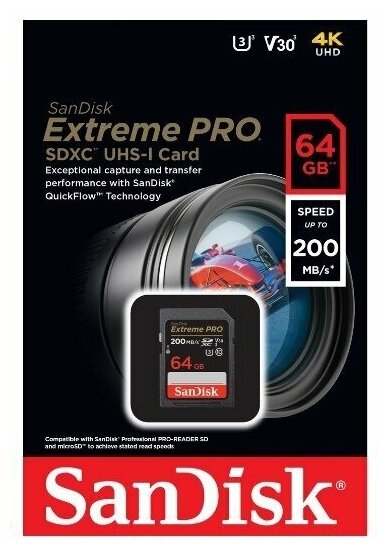 Карта памяти SanDisk Extreme Pro SDXC UHS Class 3 V30 200MB/s 64 GB