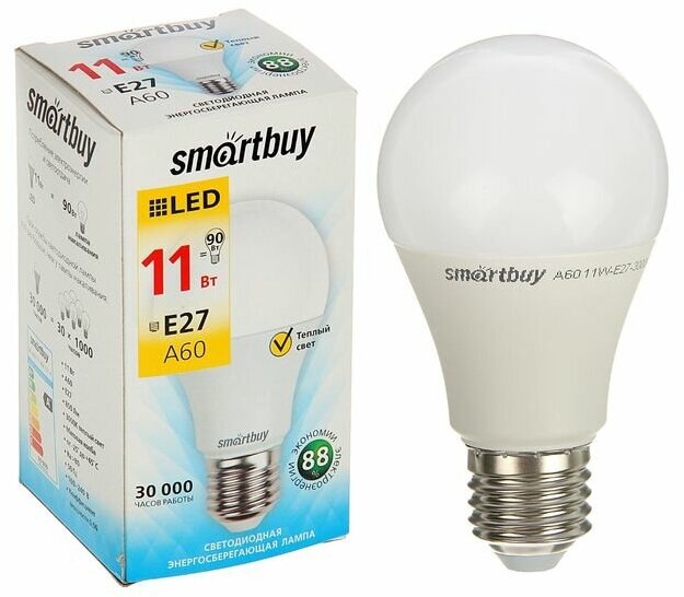 Лампа cветодиодная Smartbuy, A60, E27, 11 Вт, 3000 К, теплый белый свет