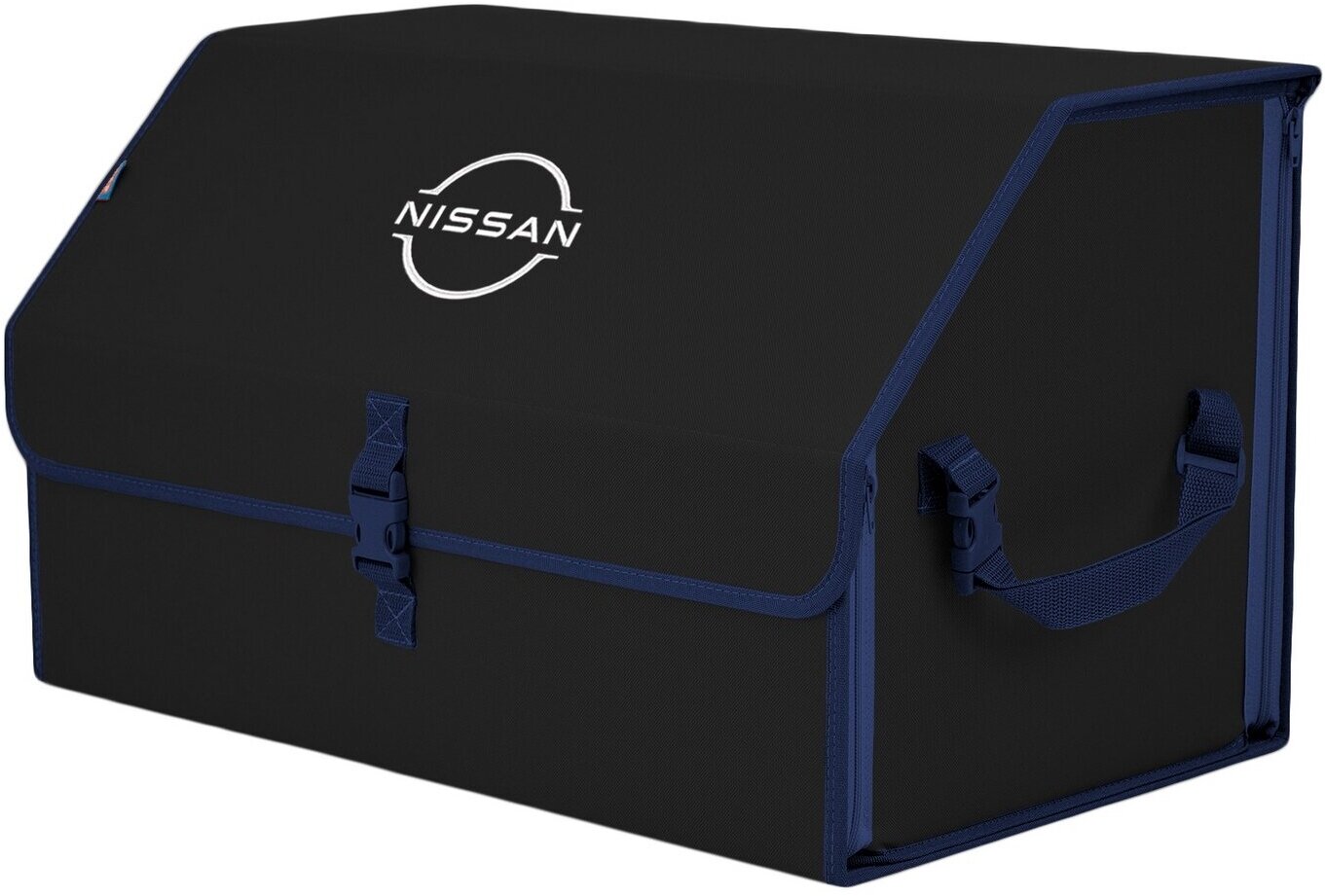 Органайзер-саквояж в багажник "Союз" (размер XL). Цвет: черный с синей окантовкой и вышивкой Nissan (Ниссан).