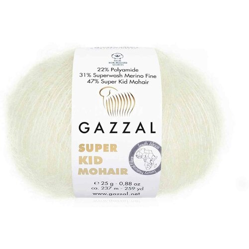 Пряжа Gazzal Super Kid Mohair белый (64414), 31%меринос/47%супер кид мохер/22%полиамид, 237м, 25г, 5шт