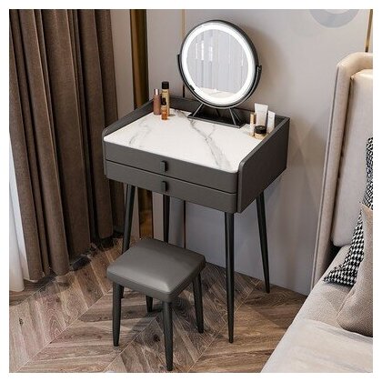 Небольшой туалетный столик 60 см из цельного дерева с керамической столешницей, зеркалом и табуретом (тёмно-серый столик - без зеркала - без табурета)