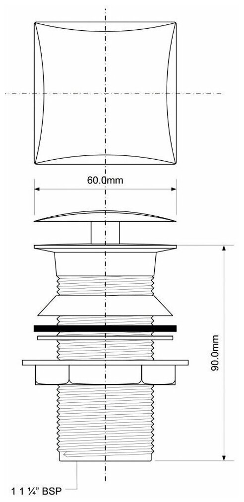 CWU60SQ-CB Донный клапан (60мм сливная решетка и квадратная пробка тип-кнопка)