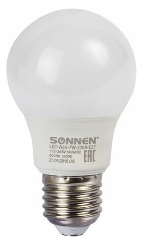 Лампа светодиодная SONNEN 453693, E27, A55, 7 Вт, 2700 К