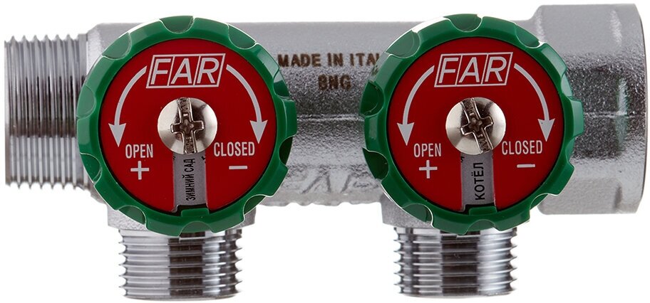 Коллектор распределительный FAR 3/4" АРТ. 3821 3412ТР , проходной, хромированный, 2 отвода 1/2" плоское уплотнение