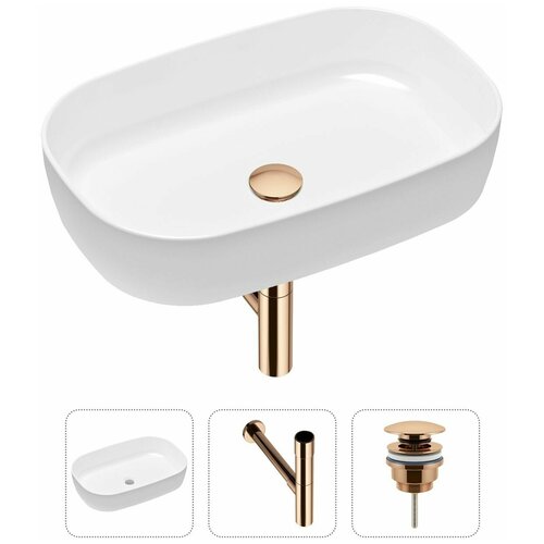 Накладная раковина в ванную Lavinia Boho Bathroom Sink Slim 21520086 в комплекте 3 в 1: умывальник белый, донный клапан и сифон в цвете розовое золото