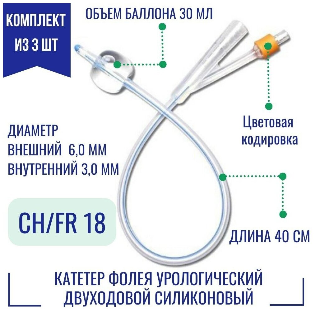 Катетеры урологический Фолея Alba (двухходовые, силиконовые) размер 18 Fr, 40 см, баллон 30 мл (3 шт.)
