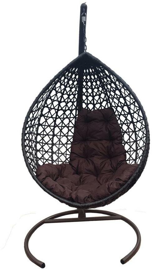 Подвесное кресло кокон с ротангом люкс коричневое, подушка коричневая