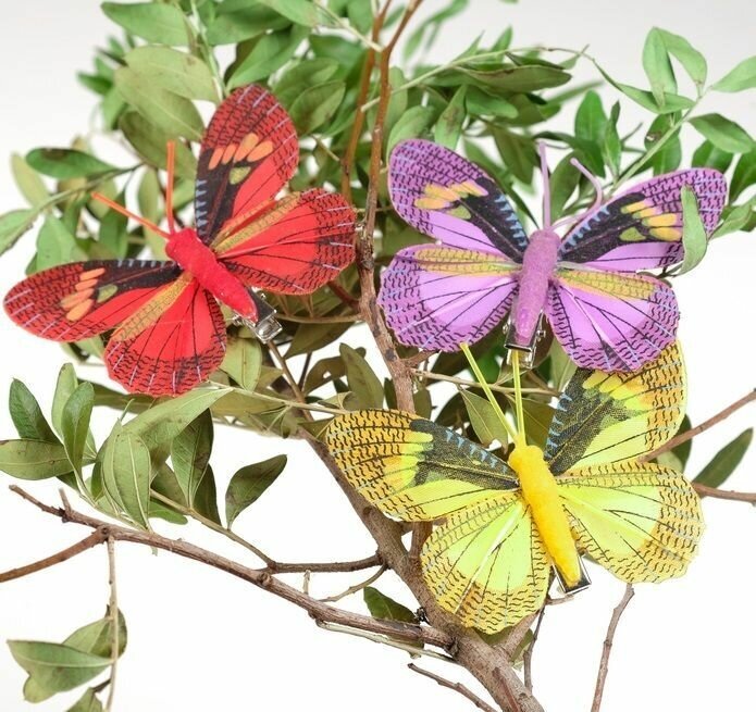 Бабочка для декора и флористики на прищепке пластиковая разноцветная 3 шт 75 х 5 х 1 см