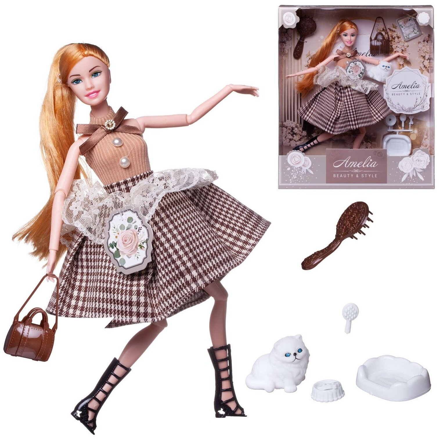Кукла ABtoys "Современный шик" в платье с юбкой в клетку, светлые волосы 30см PT-01618