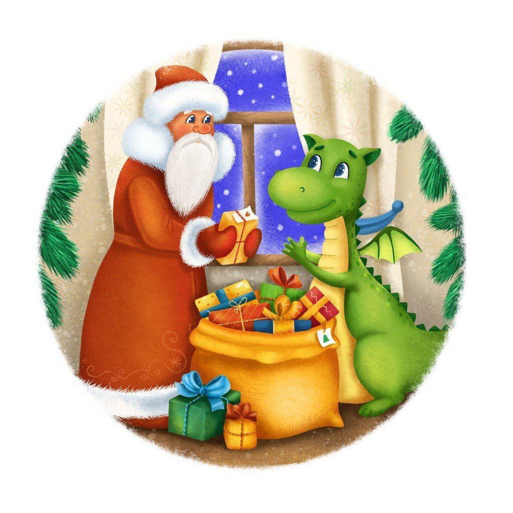 Елочный шар Ленигрушка Дед Мороз дарит подарок дракону 8 см