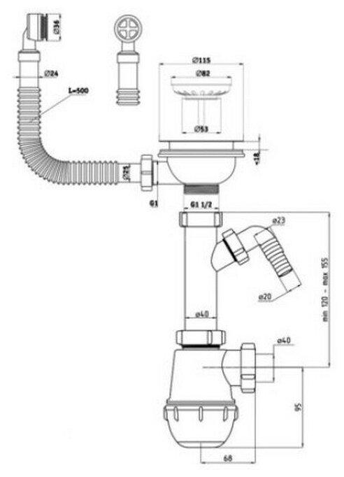 Сифон для мойки АНИ Грот 3 1/2' x 40 c круглым пе еливом и отводом для стиральной машины с гибкой трубой 40х40/50 | код A1042SP | АНИ пласт ( 1шт )