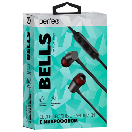 Наушники беспроводные с микрофоном Bells , Perfeo черные, встроенный MP-3 плеер , магнитное креплени