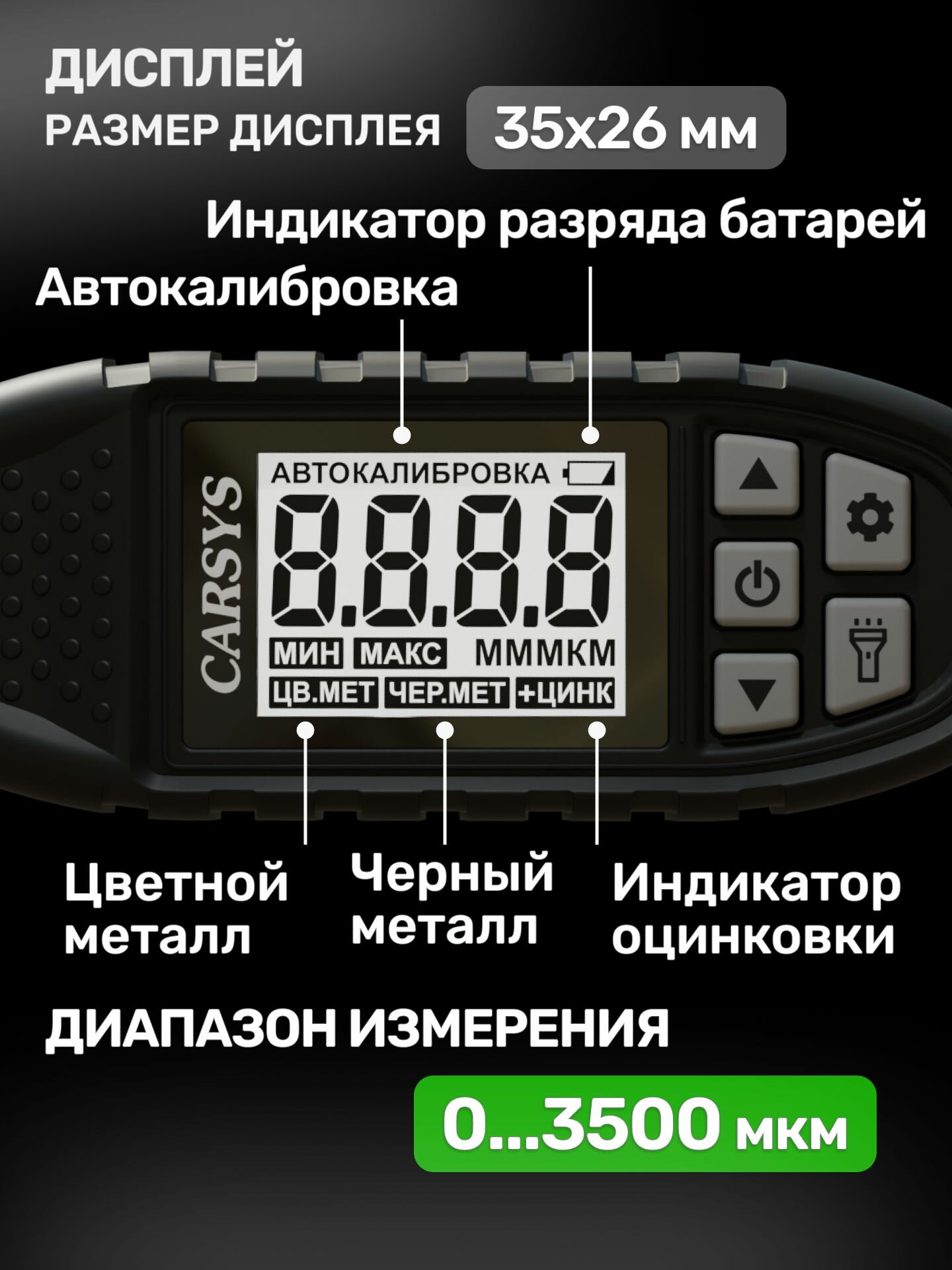 Толщиномер автомобильный CARSYS АВТОПОДБОР с силиконовым чехлом и образцом магнитной шпаклевки, 0-3500мкм — фото 1