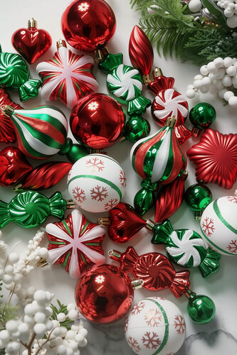Изображение товара Набор ёлочных шаров и украшений святочный БАЛ, пластик, красный, белый, зеленый, 3-12 см, 32 шт, Winter Deco 2000067
