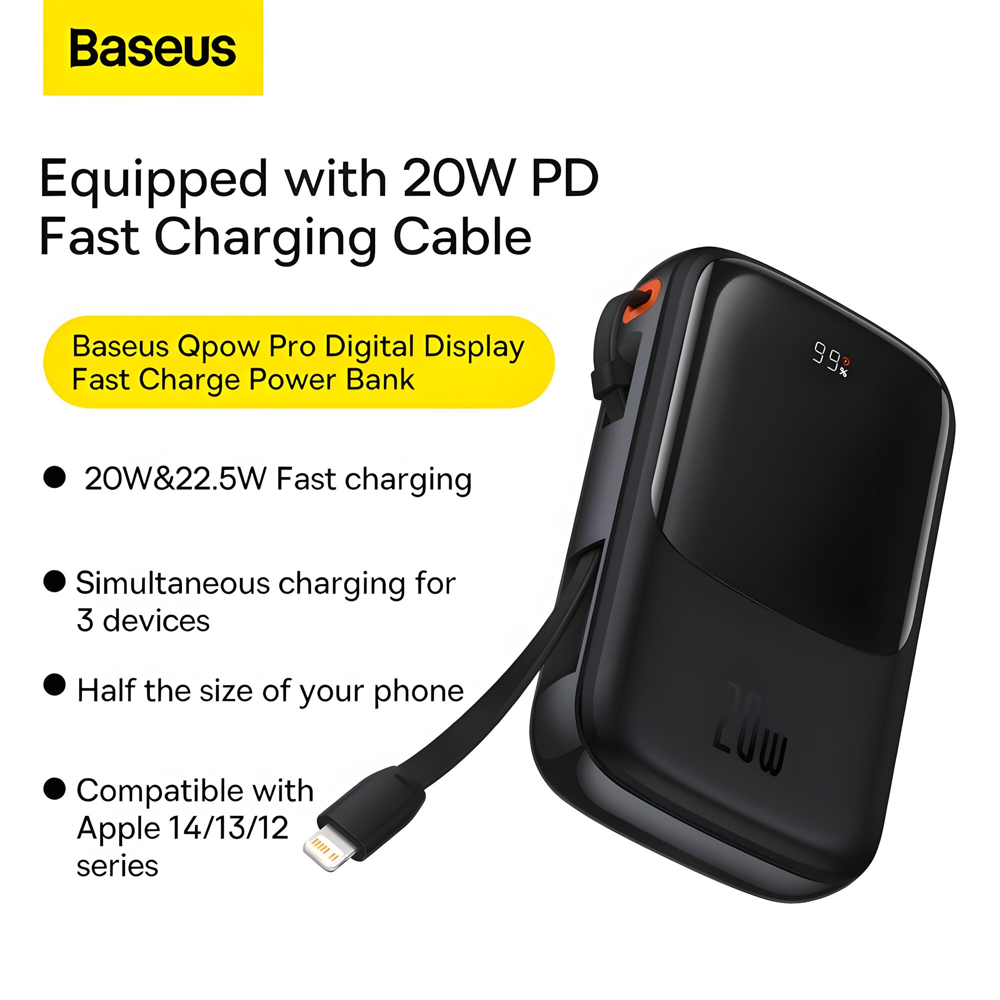 Внешний аккумулятор Power bank BASEUS PPQD020001, 10000 мАч, компактный внешний аккумулятор с быстрой зарядкой, черный