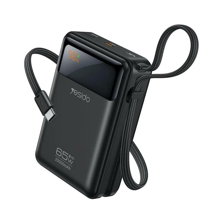 Портативный аккумулятор YESIDO YP97 20000mAh, 65W, с быстрым USB-C кабелем, PD 3.0