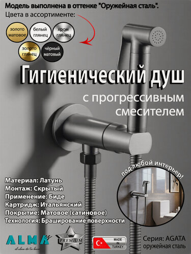 Изображение товара Гигиенический душ с прогрессивным смесителем (для биде) скрытого монтажа AGATA ALMAes AL-877-02 оружейная сталь латунь