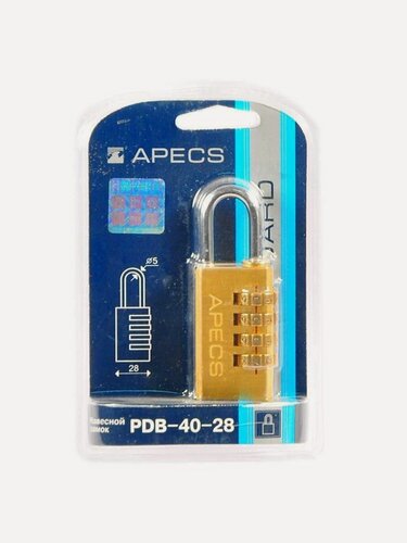 Изображение товара Замок навесной Apecs PDB-40-28-CODE кодовый золотой, 5 мм дужка, латунный, без ключей, надежная защита для вашего имущества