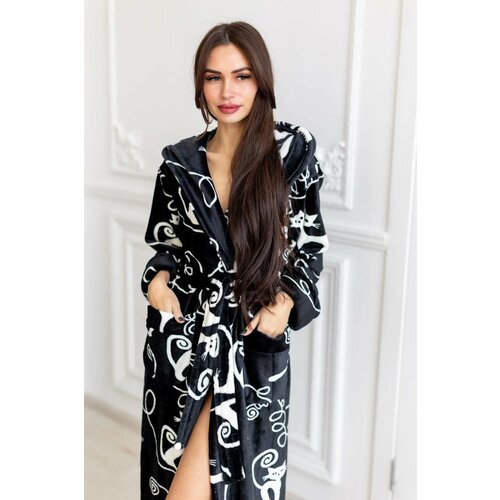 фото Халат comfort fashion домашний теплый женский с капюшоном на запах, размер s, черный, белый матовый, кошечка