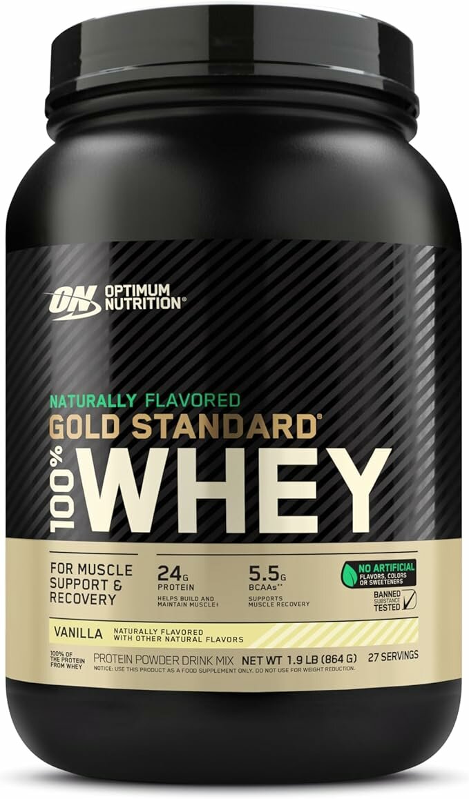 Optimum Nutrition (ON) Gold Standard 100% Whey 900 г — Naturally Flavored, 24 г белка, ~27 порций, порошок.