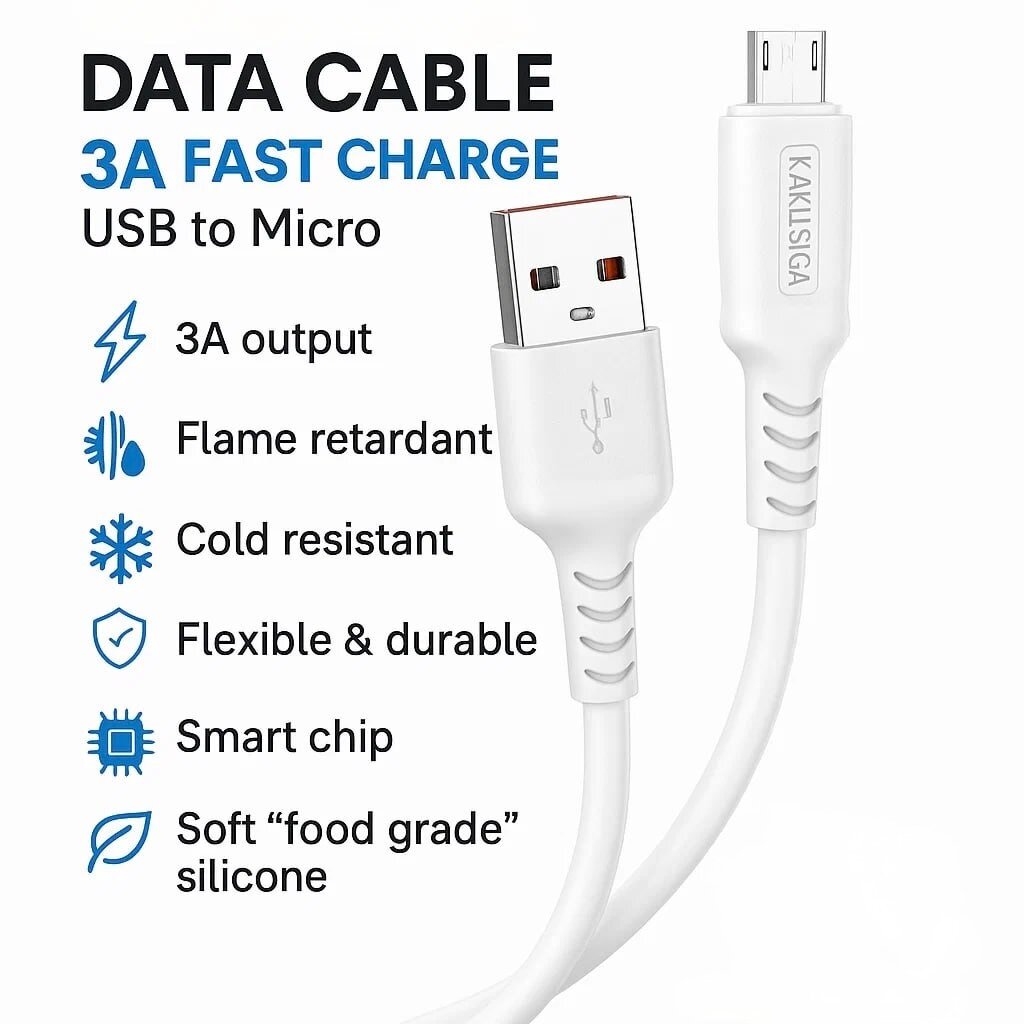 Кабель KAKUSIGA, огнестойкий, силикон, для быстрой зарядки, USB-Micro, длина 1м, белый