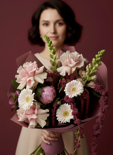 Изображение товара Сборный букет "Романтический вечер" с амарантом, розами и герберами