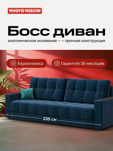 Изображение товара Прямой диван-кровать с ящиком для хранения Босс, еврокнижка, велюр Монолит синий, 235x110x90 см