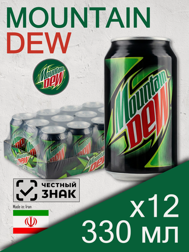 Изображение товара Mountain Dew, 0.33 л, 12 шт, банка (газированный напиток Маунтин Дью классический, лимон и лайм, MNT DEW)