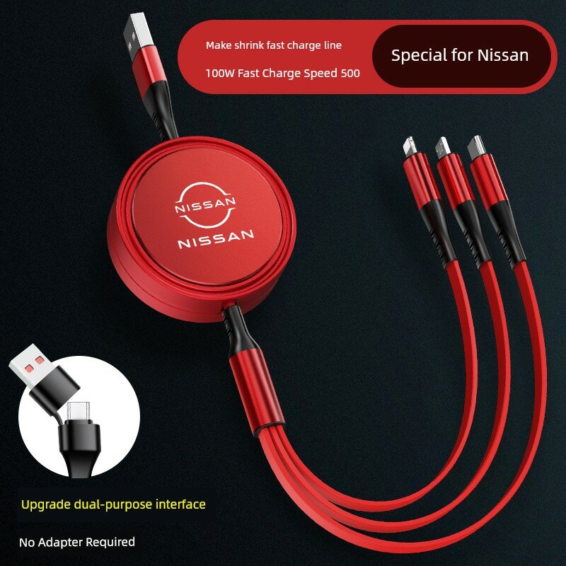 Кабель зарядного устройства для автомобилей Nissan 1.2 м с разъемами USB и Type-C, выход 5А, красный цвет для