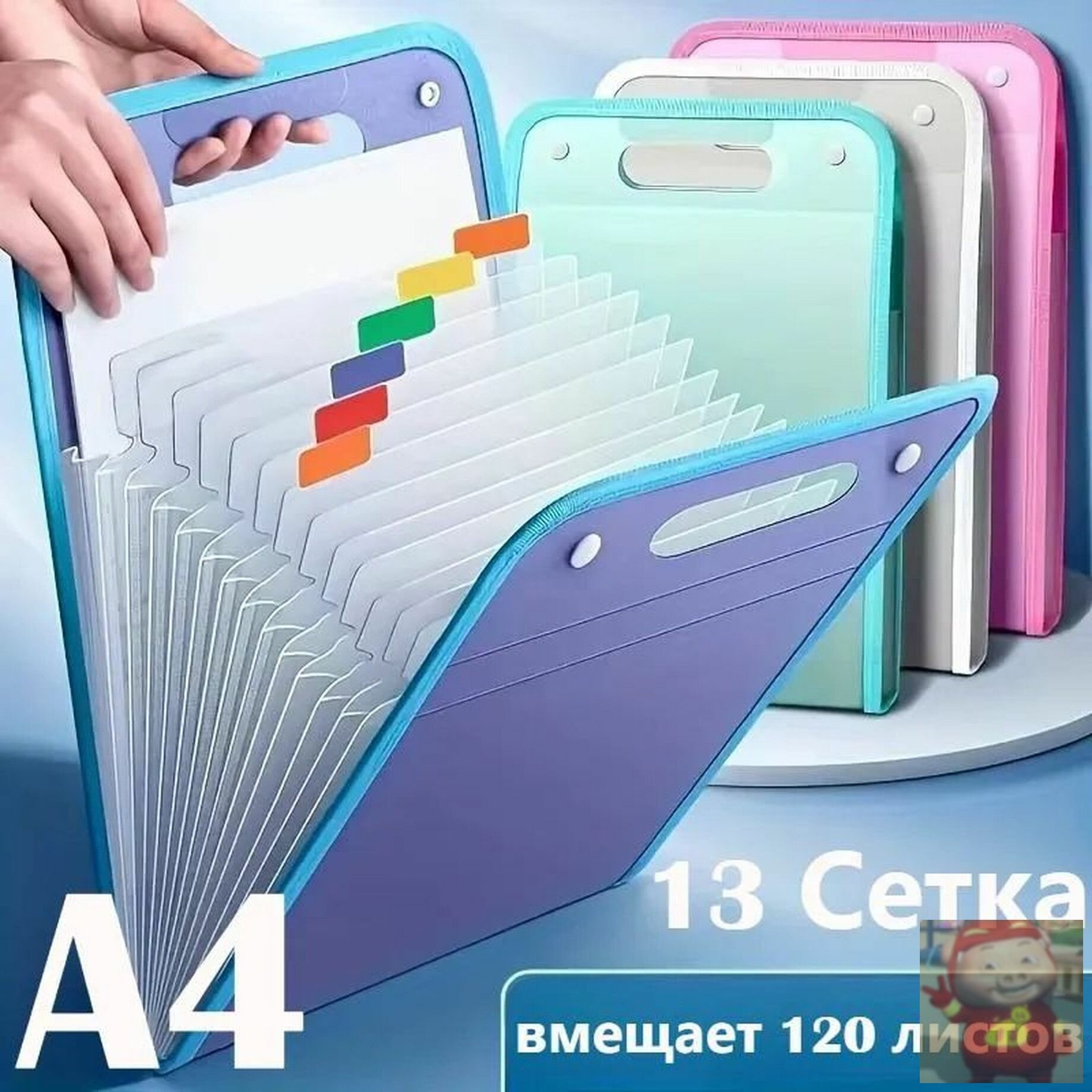 Папка A4 пластиковая на кнопке,13 отделений, формат А4, для документов и тетрадей, офис и школа