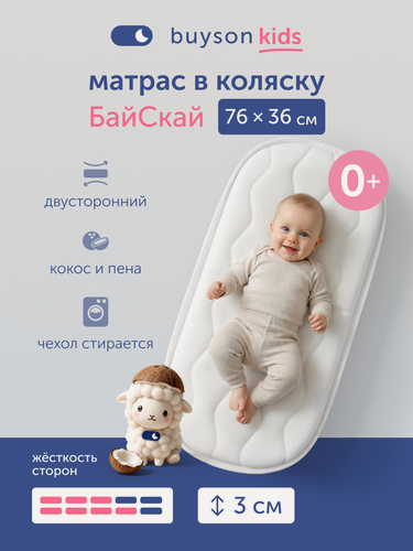 Изображение товара Матрас в коляску и люльку buyson БайСкай для новорожденных, 76x36 см