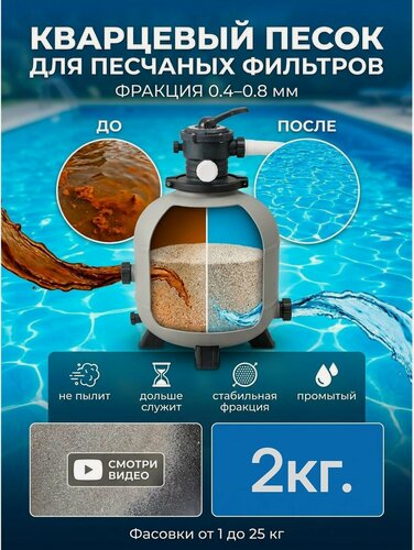 Изображение товара Кварцевый песок для фильтрации воды, 0,4-0,8мм (для бассейнов и фильтров, песочниц) 2кг