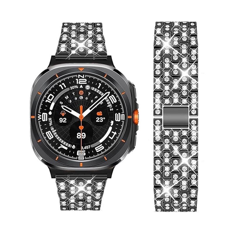Ремешок со стразами для Samsung Galaxy Watch Ultra 47 мм (2025/2024), браслет из нержавеющей стали,100, кожа, black,1,