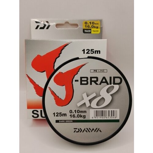 фото Шнур плетеный daiwa j-braid x8 0.10 мм, 125 м, темно-зеленый, высокая прочность, износостойкость, низкая растяжимость